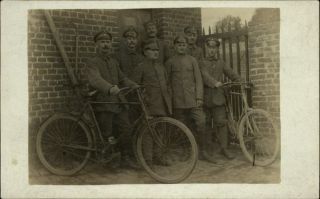 Rppc Wwi German Soldiers With Bicycles Vintage Real Photo Postcard