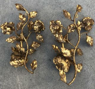 Vintage Gold Gilt Metal Tole Wall Sconce Candle Holder Pair Floral 3