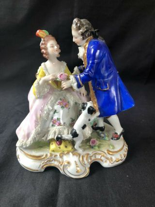Antique German Porcelain Figurine Volkstedt " Lovers With Dog " Marked Bottom