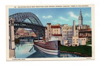 Cleveland,  Ohio,  Unloading Grain Boat Near High Level Bridge,  Old Postcard