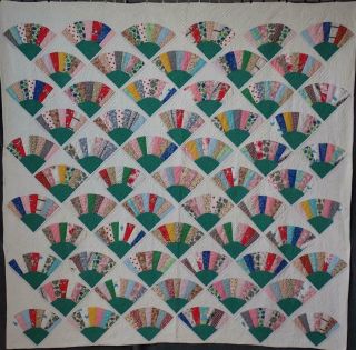 Sweet Cottage Home Vintage 30s Green Grandmothers Fan Quilt 74x73 2