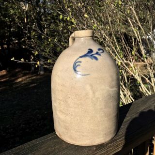 Antique Stoneware Salt Glazed Pottery Jug With Blue Cobalt Flower 11 " Tall