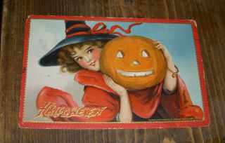 Vintage Tuck Halloween Post Card Lady Witch & Jack O Lantern