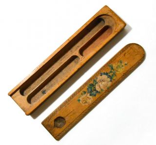 Late 19th C Antique Hand Painted Decorative Decaled Wood Pencil Box W/slide Top