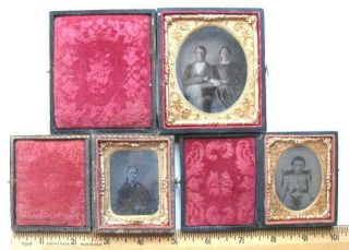 3 Antique Gold?? Tintype Photographs In The Box Cases