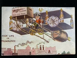Vintage Postcard Advertising Miller High Life Beer - Biplane - Milwaukee Plant