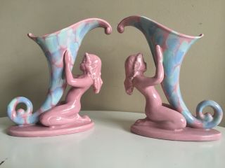Art Deco Vtg Pair Haeger Pottery Nude Girl Woman Nymph Cornucopia Pink Blue Vase