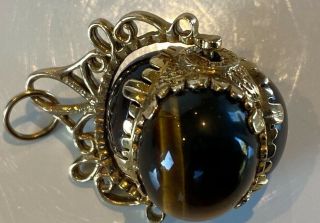 Large Vintage 9ct Gold Charm Pendant Tigers Eye Cabachon Spinning Fob