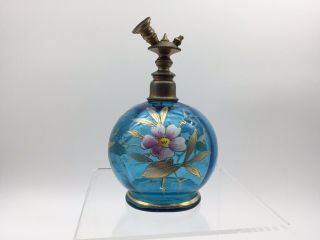 Victorian Hand Painted Teal Blue Glass Perfume Bottle Flowers 22k Gold Trim