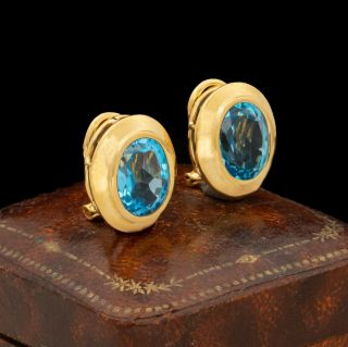 Antique Vintage Art Deco Retro 14k Yellow Gold Swiss Blue Topaz Cluster Earrings