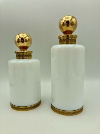 Two Antique French White Opaline Glass Perfume Cologne Bottles Gilt Ormolu Trim