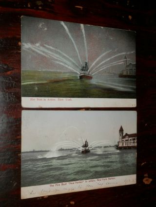 York Ny - 2 Old Postcards - Fire Boat Yorker - In Action - Firefighting