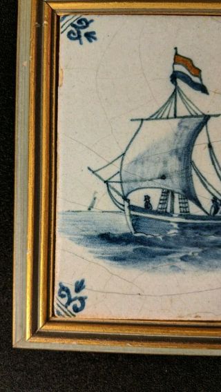 Antique Delft Blue Ceramic Tile Dutch Flag Flying Sailing Ship framed 5 1/4 