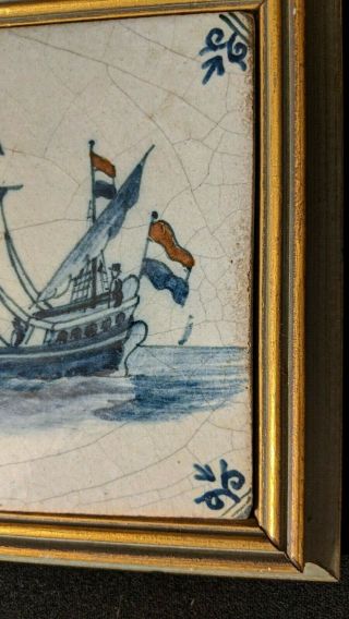 Antique Delft Blue Ceramic Tile Dutch Flag Flying Sailing Ship framed 5 1/4 
