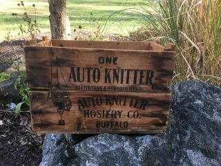 Vintage Antique Auto Knitter Hosiery Co Buffalo York Wood Wooden Box Crate