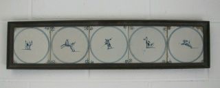 5 Antique Blue And White Delft Tiles.  17th Century Hand Painted Figural Framed