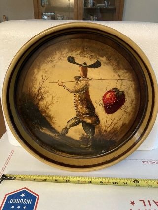 Folk Art Toleware Tole Tray By Peter Ompir Colonial Man W/ Strawberry