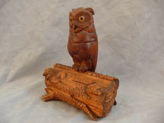 Antique Carved Wood Owl Black Forest Figural Inkwell Pen Holder 1900s Sculpture