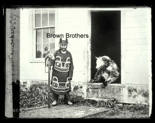 1910s Alaskan Eskimo Inuit Medicine Man W/brown Bear Glass Photo Negative - Bb
