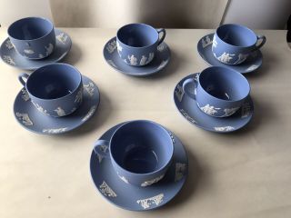 Vintage Wedgwood Blue Jasperware Tea Cup Saucer Set Stamped Euc Set Of 6