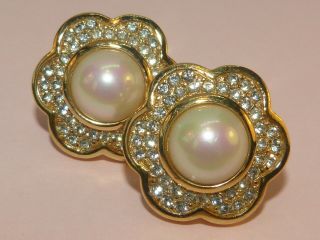 Christian Dior Vintage Faux Pearl And Rhinestone Clip - On Earrings