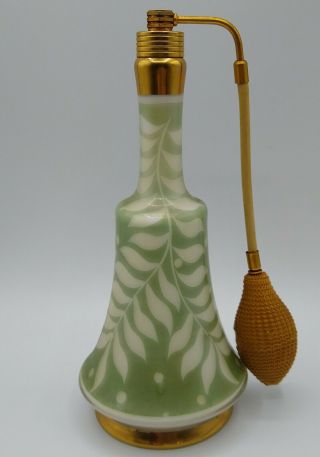 Vintage Art Deco Tall Perfume Atomizer Green Leaf Motif Bottle Gold Tone 8.  75 "