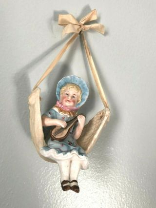 German Antique Oil Lamp Swinger Girl On Swing Vintage Bisque Porcelain Hanging