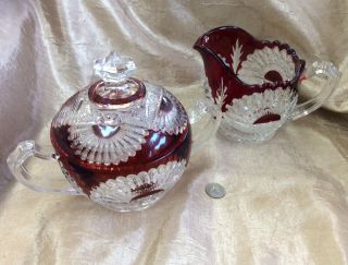 Awesome Vintage Ruby Stain Clear Hobstar Pattern Glass Large Sugar & Creamer Cr
