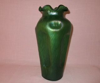 Antique Loetz Austria Art Glass Large Green Chine Pinched Iridescent Vase 10.  5 