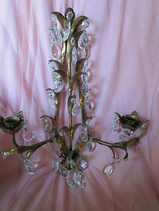 Vintage Gold Gilt Italy Florentine Crystal Wall Sconce Candle Holder