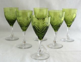 Antique Set 6 Holmegaard Lubin Shape Cut Glass Crystal Green Wine Goblets