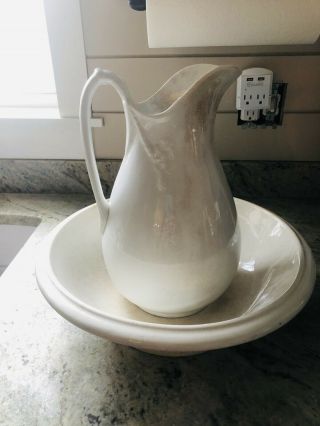 Vintage Ironside White Porcelain Pitcher And Wash Basin Farmhouse Decor Style