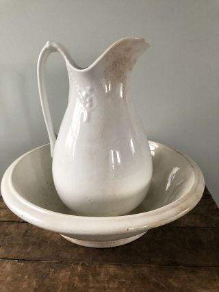 Vintage Ironside White Porcelain Pitcher and Wash Basin Farmhouse Decor Style 3