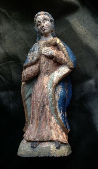 Rare 17th 18th C Antique Polychromed Carved Wood Saint Mourning Virgin Figure
