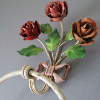 Vintage Shabby Italian Tole Towel Holder 3 Roses,  Pink Bow Paint