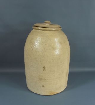 Antique Hand Thrown Salt Glazed Stoneware Crock Storage Canning Jar W/ Lid 13.  5 "