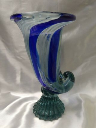 Vtg Murano Hand Blown Glass Cornucopia Cobalt Blue & Clear Swirl Vase,  11 "