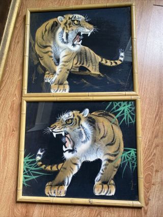 Vintage Framed Asian Tiger Painting On Silk? Signed 17.  5 " X 14.  5 "