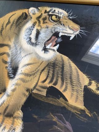 Vintage Framed Asian Tiger Painting on Silk? Signed 17.  5 