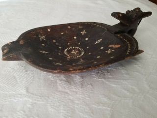 Vintage Primitive Carved Wood Dragon Bowl With Mother Of Pearl Inlay