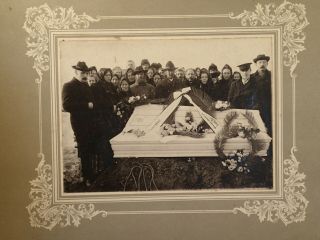 Early 1900 Young Lady Post Mortem Open White Coffin Large Photo On Cardboard