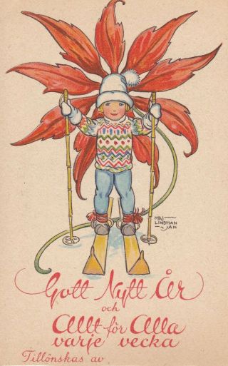 Vintage Year Postcard Boy On Skis Stands In Front Of Poinsettia Sweden