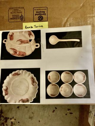 Vintage Ceramic Soup Tureen W/bowls & Ladle - Lobster Crawfish
