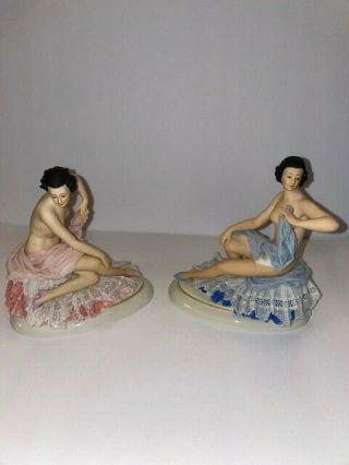 Dresden Volkstedt Nude Bathers Figurines With Stunning Lace (as - Is)