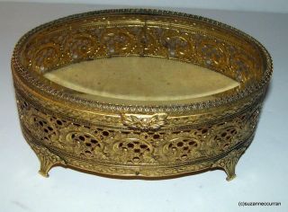 Antique Ornate Oval Gold Plated Filigreed Jewelry Casket With Beveled Glass