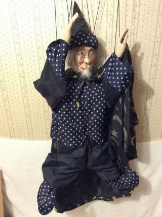 Vintage 36” Wooden Marionette Puppet Magician/wizard Hand - Carved & Painted Face.