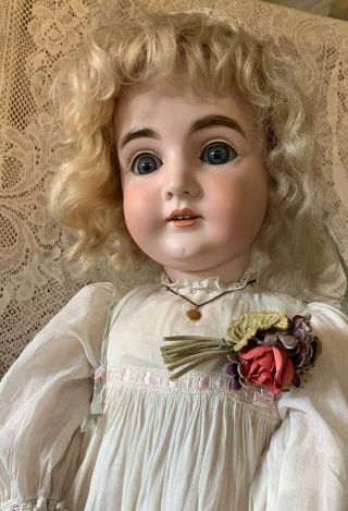 Antique German J.  D.  Kestner 164 Bisque Doll,  Blonde Hair Blue Eyes 27” - 28” Long