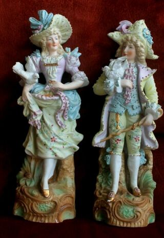 Vintage Pair Maruyama Japan Bisque Porcelain Victorian Couple 12 1/2 " Tall