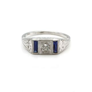 Antique 14k Gold Art Deco Old European Diamond & Sapphire Ring 0.  18 Ctw 10139 - 4