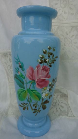 Antique Victorian Opaline Vase Enameled Hand Painted Floral Design.  9 "